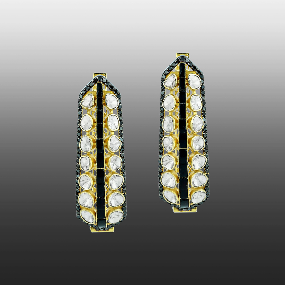 Geometric Polki Hoop Earrings with Black Diamonds and Talaf